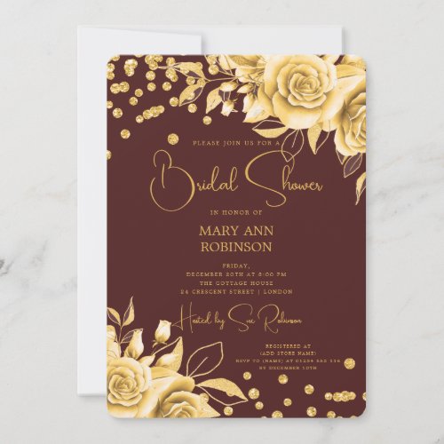 Script Gold Floral Glitter Bridal Shower Burgundy  Invitation