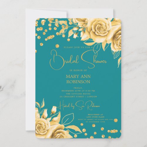 Script Gold Floral Glitter Bridal Shower Teal  Invitation
