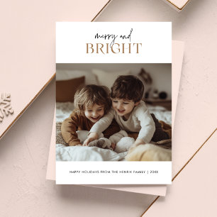 Script Gold Merry & Bright Christmas Kids Photo Holiday Card