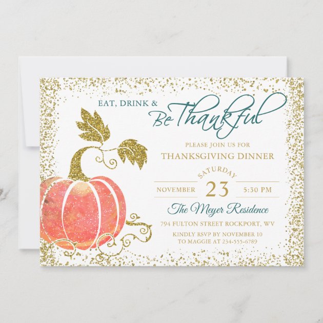 Script Gold Pumpkin Thanksgiving Dinner Invitation