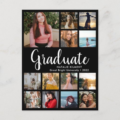 Script Graduate 14 Photo Collage Black Graduation Announcement Postcard