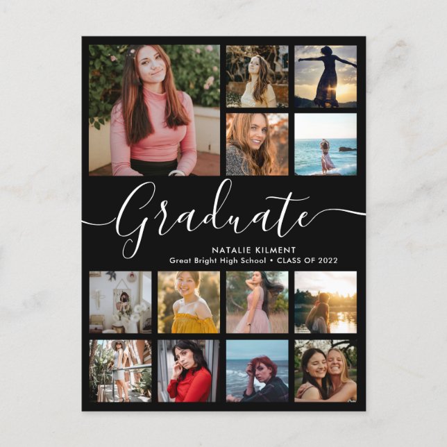 Script Graduate 14 Photo Collage Black Graduation Announcement Postcard (Front)
