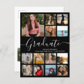 Script Graduate 14 Photo Collage Black Graduation Announcement Postcard (Front/Back)