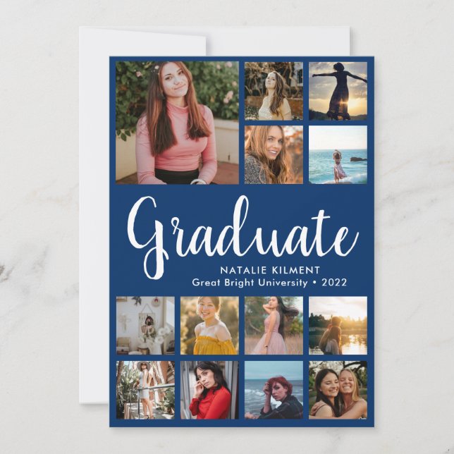 Script Graduate 14 Photo Collage Blue Graduation Invitation (Front)