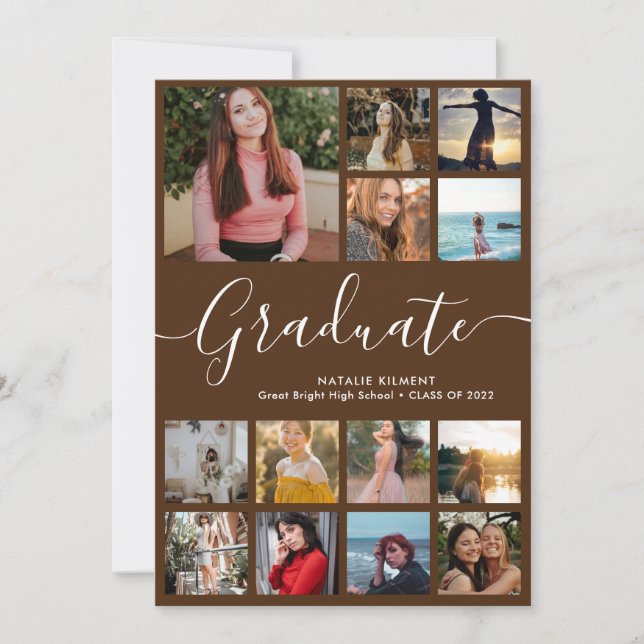 Script Graduate 14 Photo Collage Brown Graduation Invitation (Front)