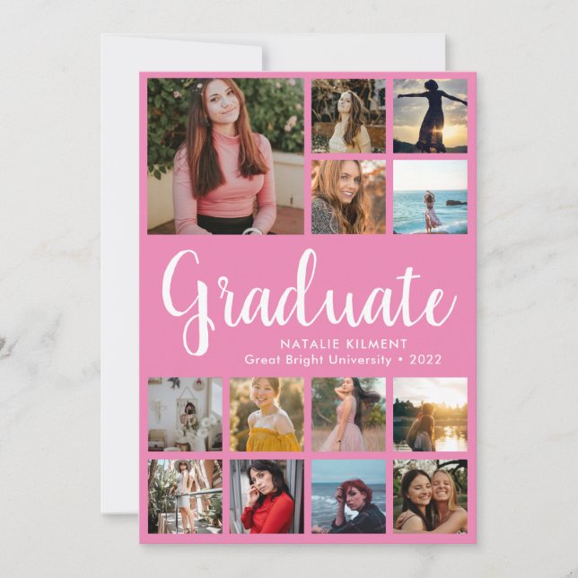 Script Graduate 14 Photo Collage Pink Graduation Invitation (Front)