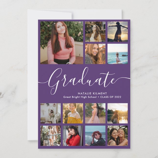 Script Graduate 14 Photo Collage Purple Graduation Invitation (Front)