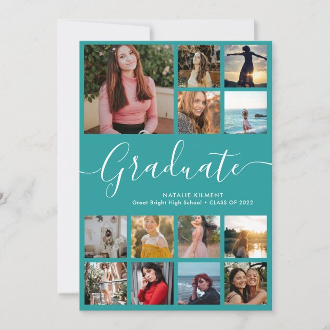 Script Graduate 14 Photo Collage Teal Graduation Invitation (Front)