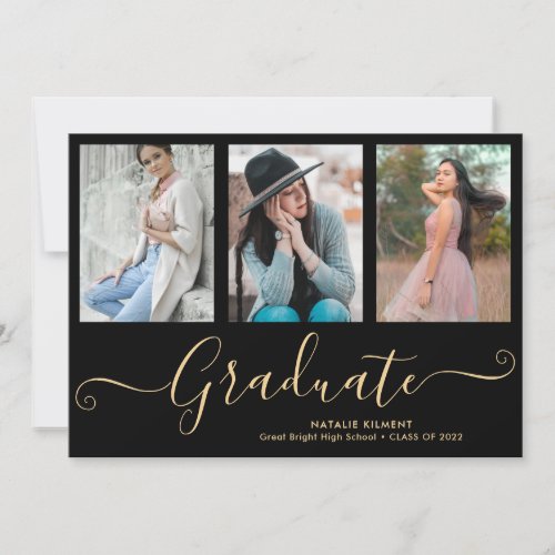 Script Graduate 3 Photo Collage Black Graduation Announcement