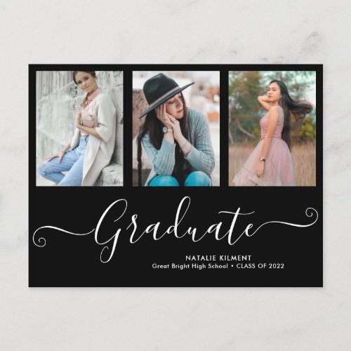 Script Graduate 3 Photo Collage Black Graduation Announcement Postcard