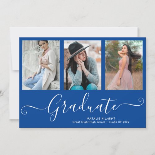 Script Graduate 3 Photo Collage Blue Graduation Announcement