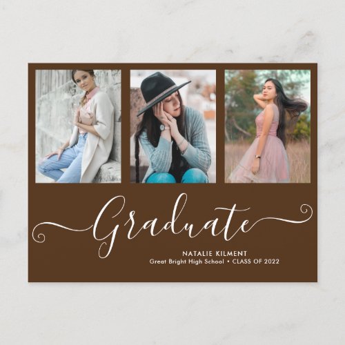 Script Graduate 3 Photo Collage Brown Graduation Announcement Postcard