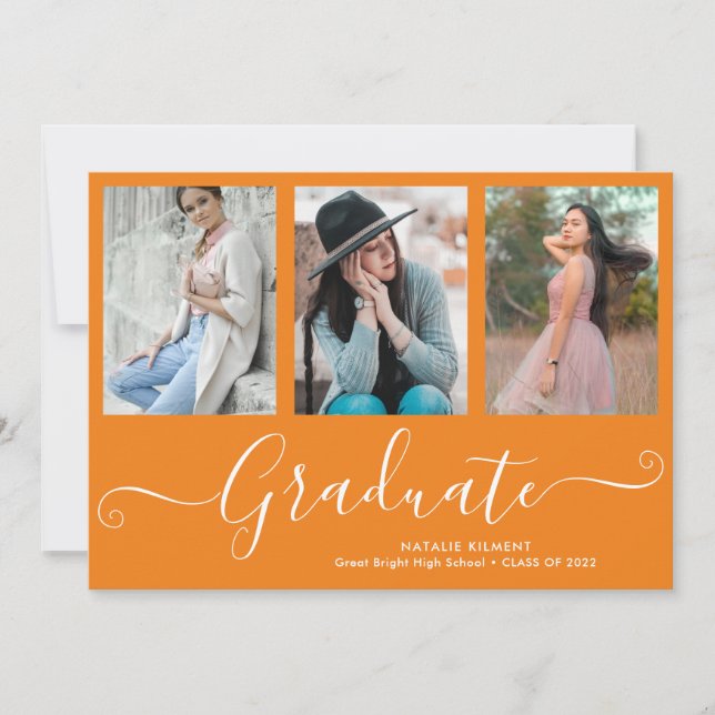 Script Graduate 3 Photo Collage Orange Graduation Announcement (Front)