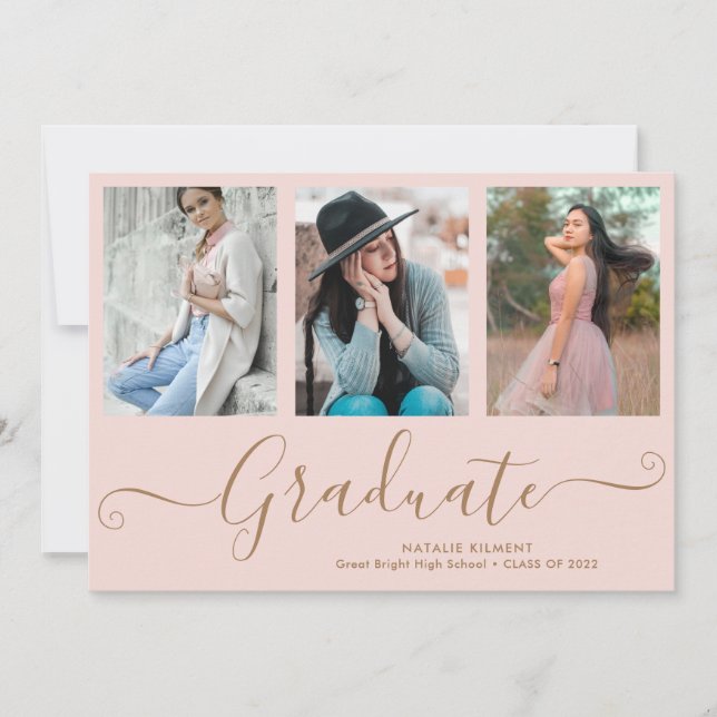 Script Graduate 3 Photo Collage Pink Graduation Announcement (Front)