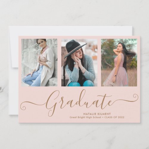 Script Graduate 3 Photo Collage Pink Graduation Announcement