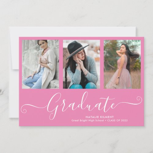 Script Graduate 3 Photo Collage Pink Graduation Announcement