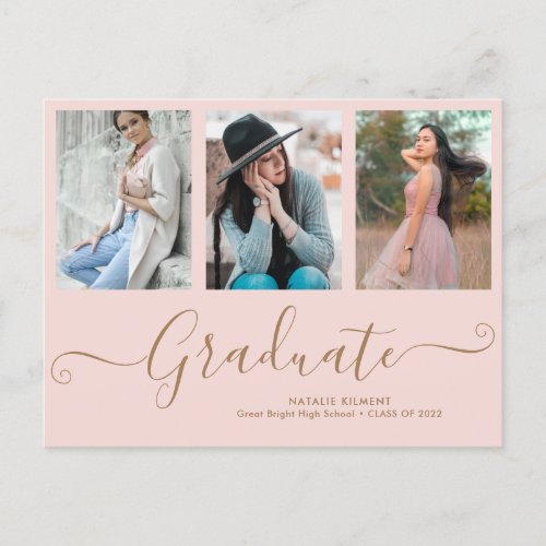 Script Graduate 3 Photo Collage Pink Graduation Announcement Postcard