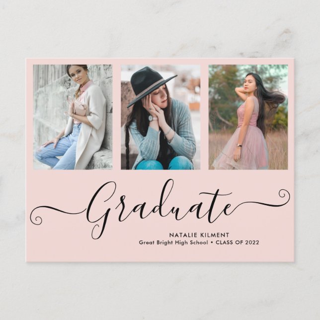 Script Graduate 3 Photo Collage Pink Graduation Announcement Postcard (Front)