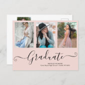 Script Graduate 3 Photo Collage Pink Graduation Announcement Postcard (Front/Back)