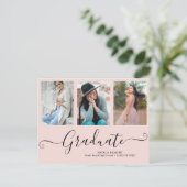 Script Graduate 3 Photo Collage Pink Graduation Announcement Postcard (Standing Front)