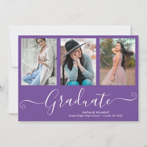 Script Graduate 3 Photo Collage Purple Graduation Announcement