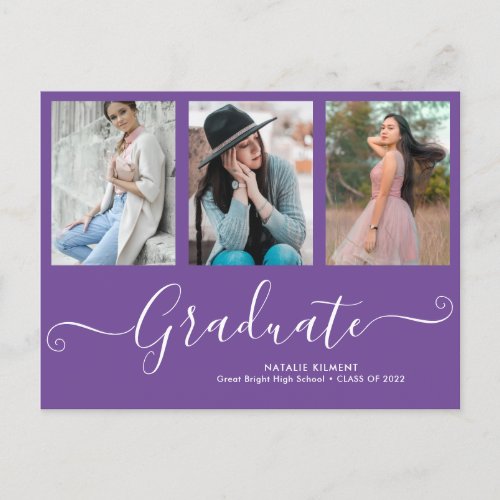 Script Graduate 3 Photo Collage Purple Graduation Announcement Postcard