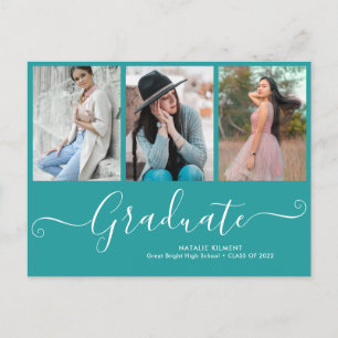 Script Graduate 3 Photo Collage Teal Graduation Announcement Postcard
