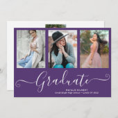 Script Graduate 4 Photo Collage Purple Graduation Invitation (Front/Back)