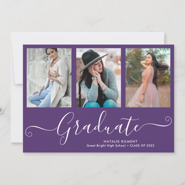 Script Graduate 4 Photo Collage Purple Graduation Invitation (Front)