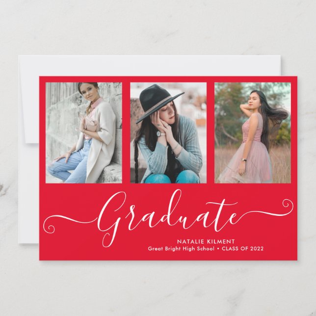 Script Graduate 4 Photo Collage Red Graduation Invitation (Front)