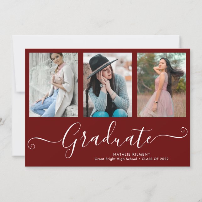 Script Graduate 4 Photo Collage Red Graduation Invitation (Front)