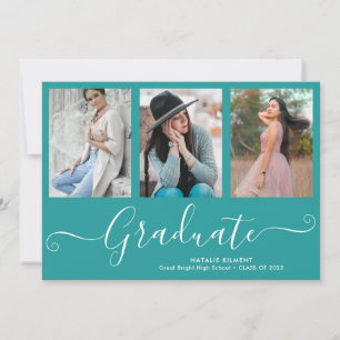 Script Graduate 4 Photo Collage Teal Graduation Announcement