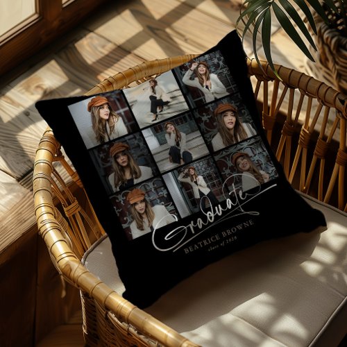 Script Graduate 9 photo grid Graduation Gift Throw Pillow