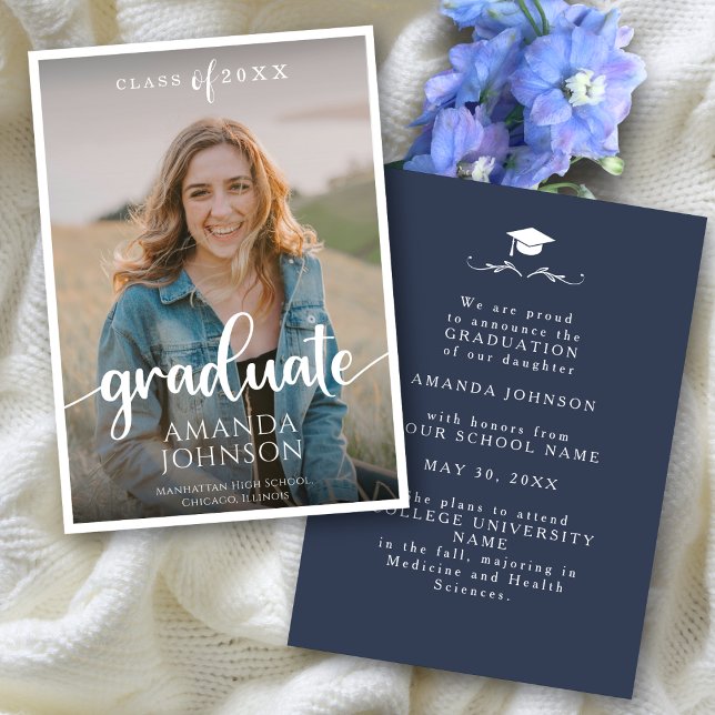  Script Graduate Dark Blue Photo Graduation Announcement (Creator Uploaded)