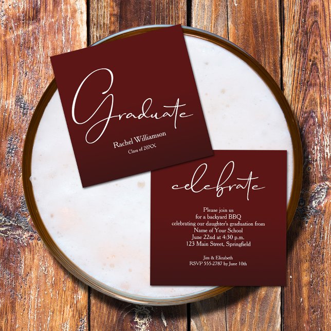 Script Graduate Dark Maroon Party Enclosure Card (Small 2.5" x 2.5" invitations to hand out or mail with your graduation announcements (no envelopes))