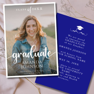  Script Graduate Navy Blue Photo Graduation Announcement