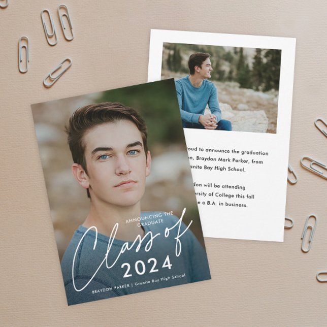 Script Graduating Class 2 Photo Graduation  Announcement (Simple handwritten script Class of 2024 photo graduation announcements.)