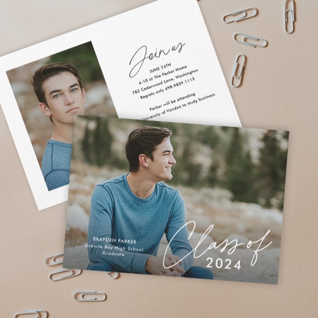 Script Graduating Class Photo Graduation  Invitation (Simple modern class of 2024 (editable year) script photo graduation invitation announcement.)