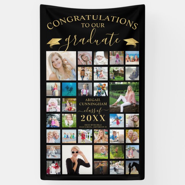 Script Graduation 35 Photo Collage Black Gold Banner (Vertical)