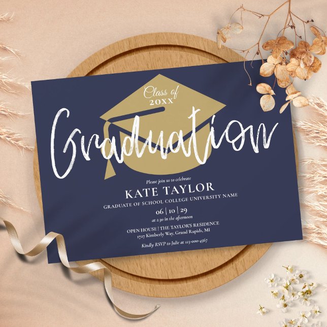 Script Graduation Navy Blue And Gold Grad Party Invitation (Creator Uploaded)