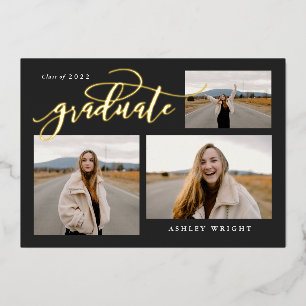Script Graduation Simple 3 Photo Collage Party Foi Foil Invitation