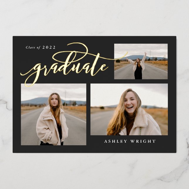 Script Graduation Simple 3 Photo Collage Party Foi Foil Invitation (Front)