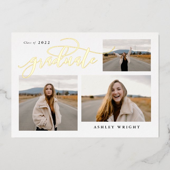 Script Graduation Simple 3 Photo Collage Party Foil Invitation (Front)