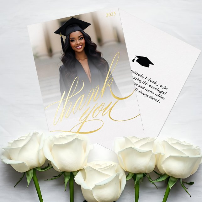 Script Graduation Thank You Photo Foil Card (Elegant Foil Graduation Photo Thank You Card)