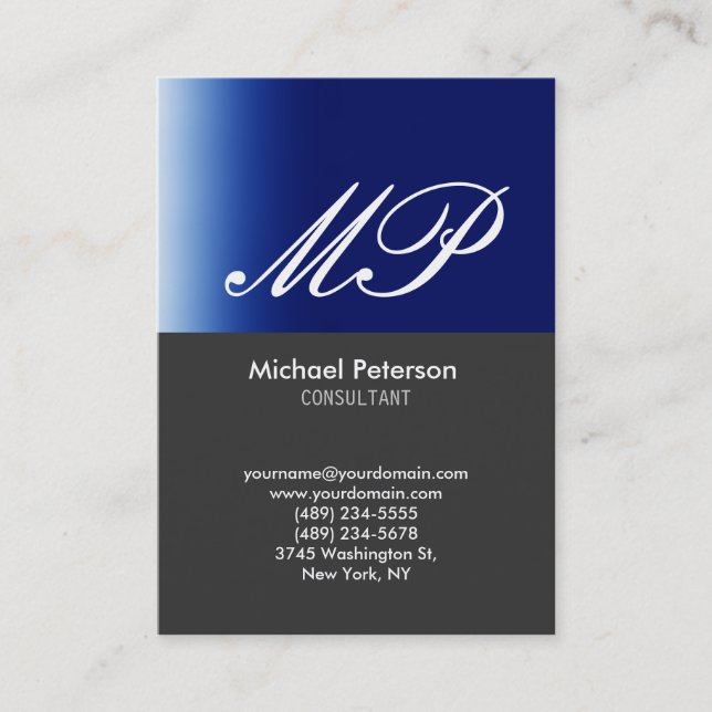 Script Gray Blue Stripe Monogram Business Card (Front)