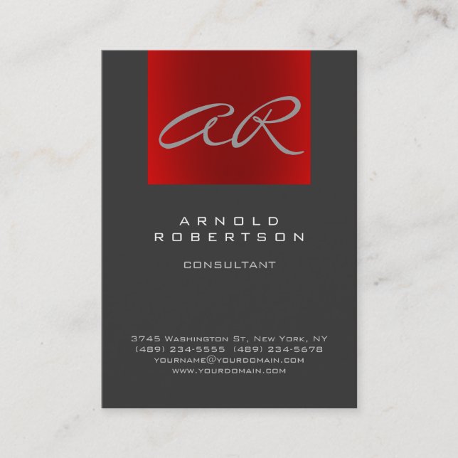 Script Gray Red Trendy Monogram Business Card (Front)