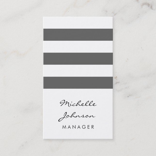 Script Gray White Stripes Pattern Business Card (Front)