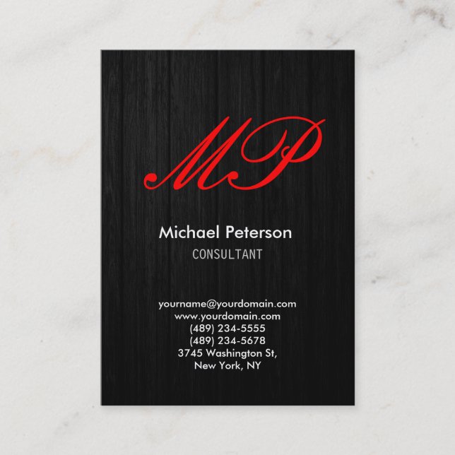 Script Gray Wood Pattern Monogram Business Card (Front)