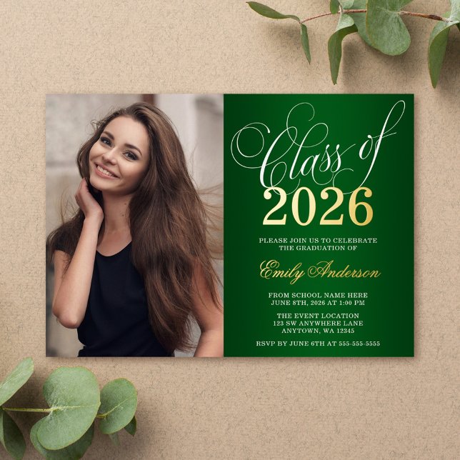Script Green 2026 Photo Graduation Party Gold Foil Invitation (Creator Uploaded)