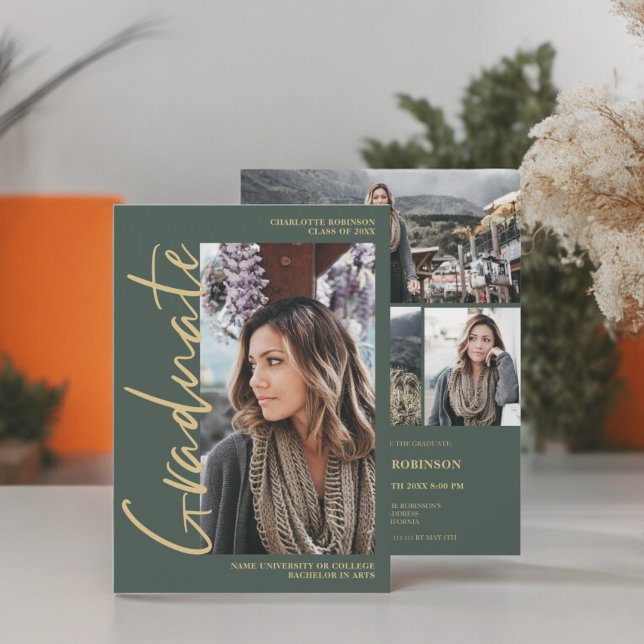  Script green emerald graduate photo graduation Invitation (Script green emerald graduate photo graduation Invitation)